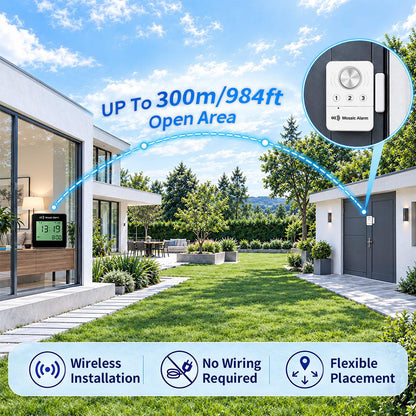 Wireless Door Alarm & Door Open Alert with LCD Clock Receiver, Chime & Door Sensors