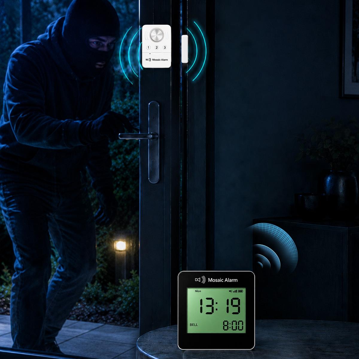 Wireless Door Alarm & Door Open Alert with LCD Clock Receiver, Chime & Door Sensors
