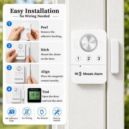 Wireless Door Alarm & Door Open Alert with LCD Clock Receiver, Chime & Door Sensors