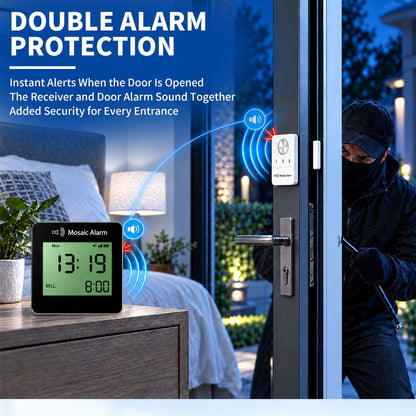 Wireless Door Alarm & Door Open Alert with LCD Clock Receiver, Chime & Door Sensors