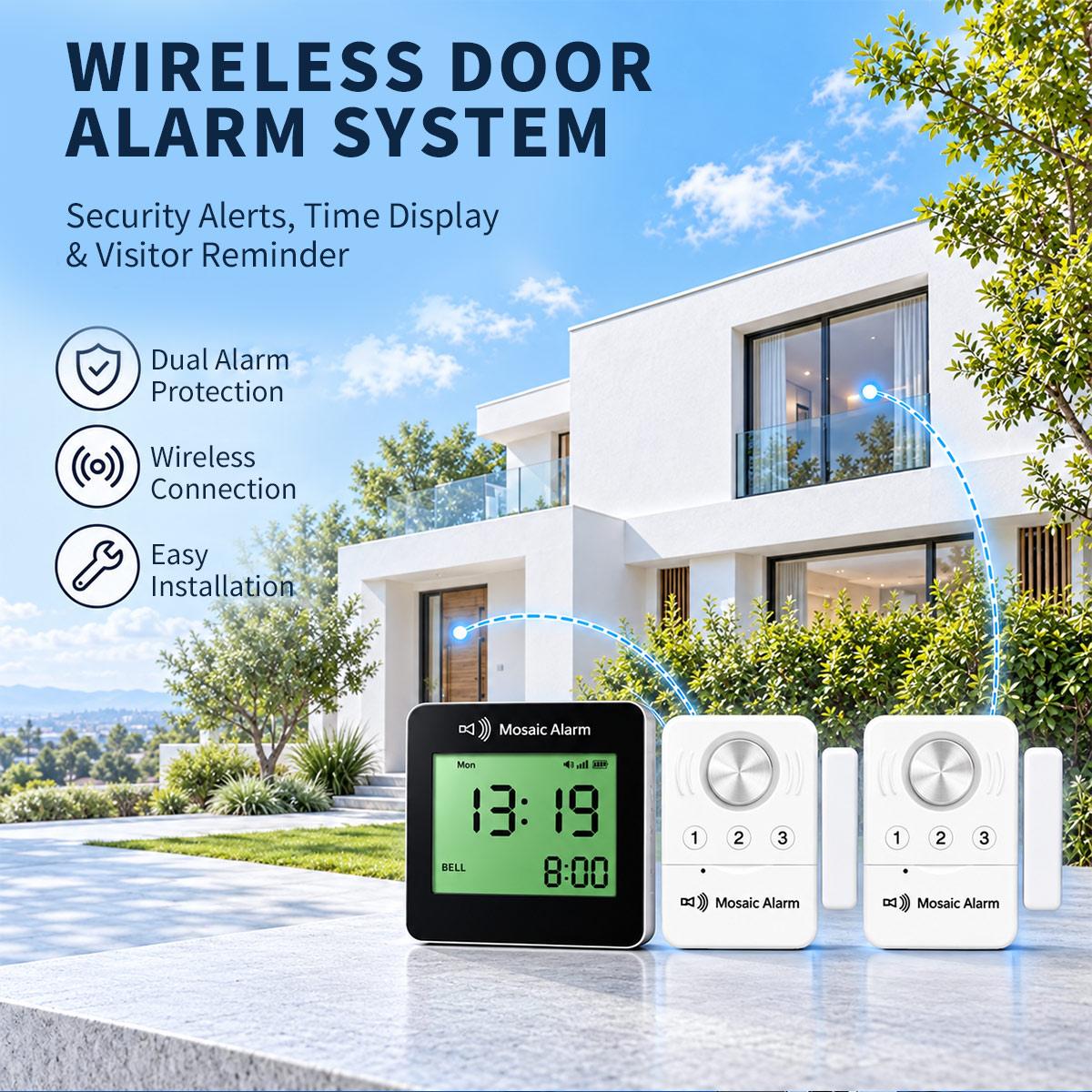 Wireless Door Alarm & Door Open Alert with LCD Clock Receiver, Chime & Door Sensors
