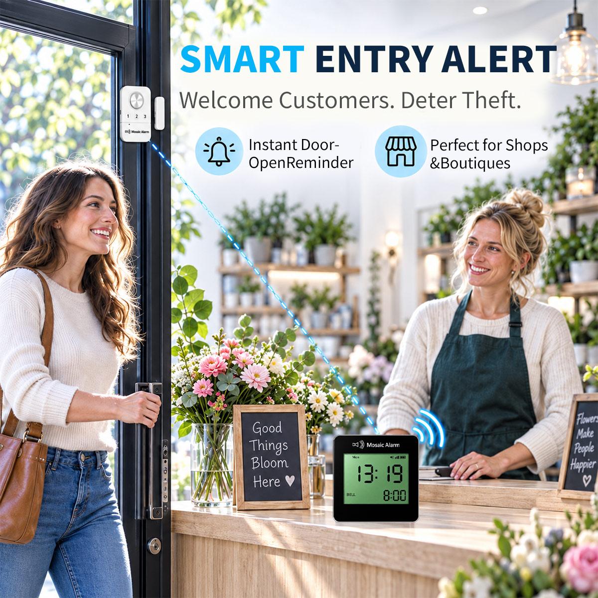Wireless Door Alarm & Door Open Alert with LCD Clock Receiver, Chime & Door Sensors
